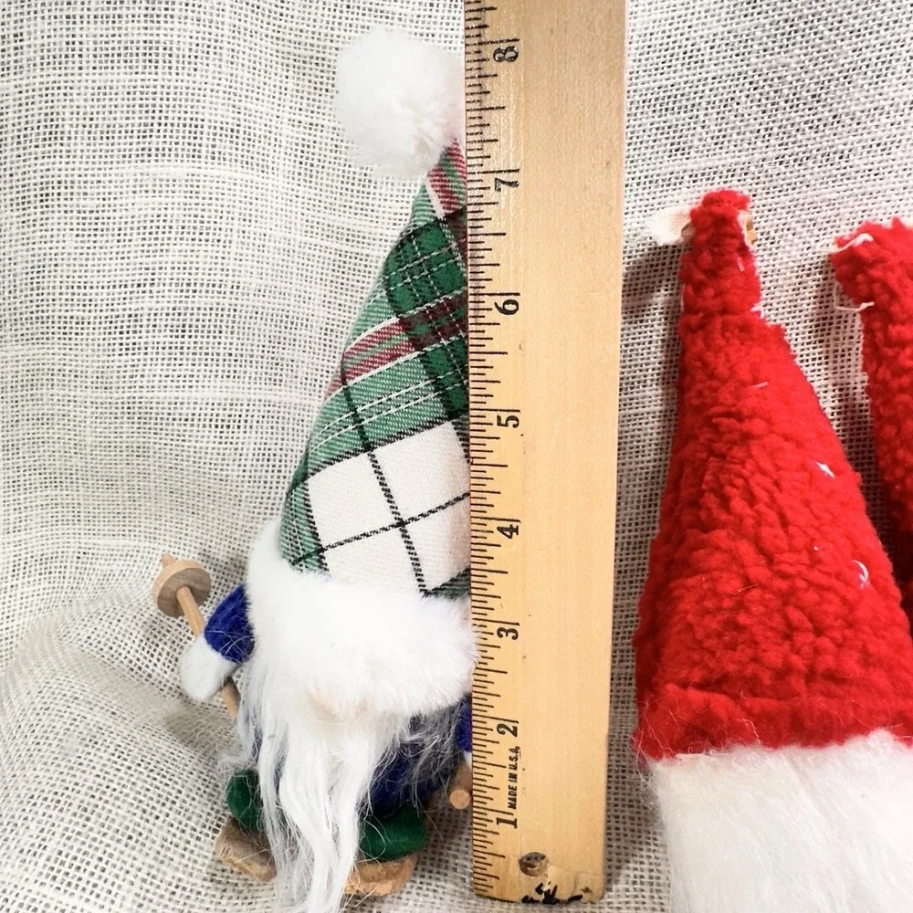 Christmas Gnome Ornaments Lot Nordic‎ Plush Red Hat & Wood Skier Gnome Decor